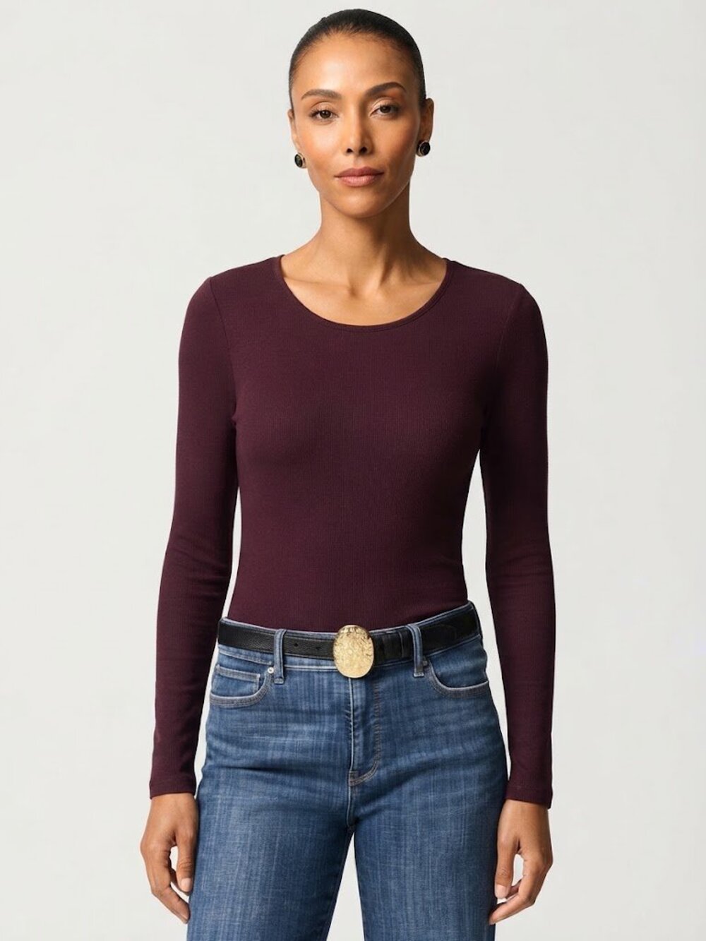NWT White House Black Market/WHBM Dark Burgundy Long Sleeve Crew Neck Tee Top XS